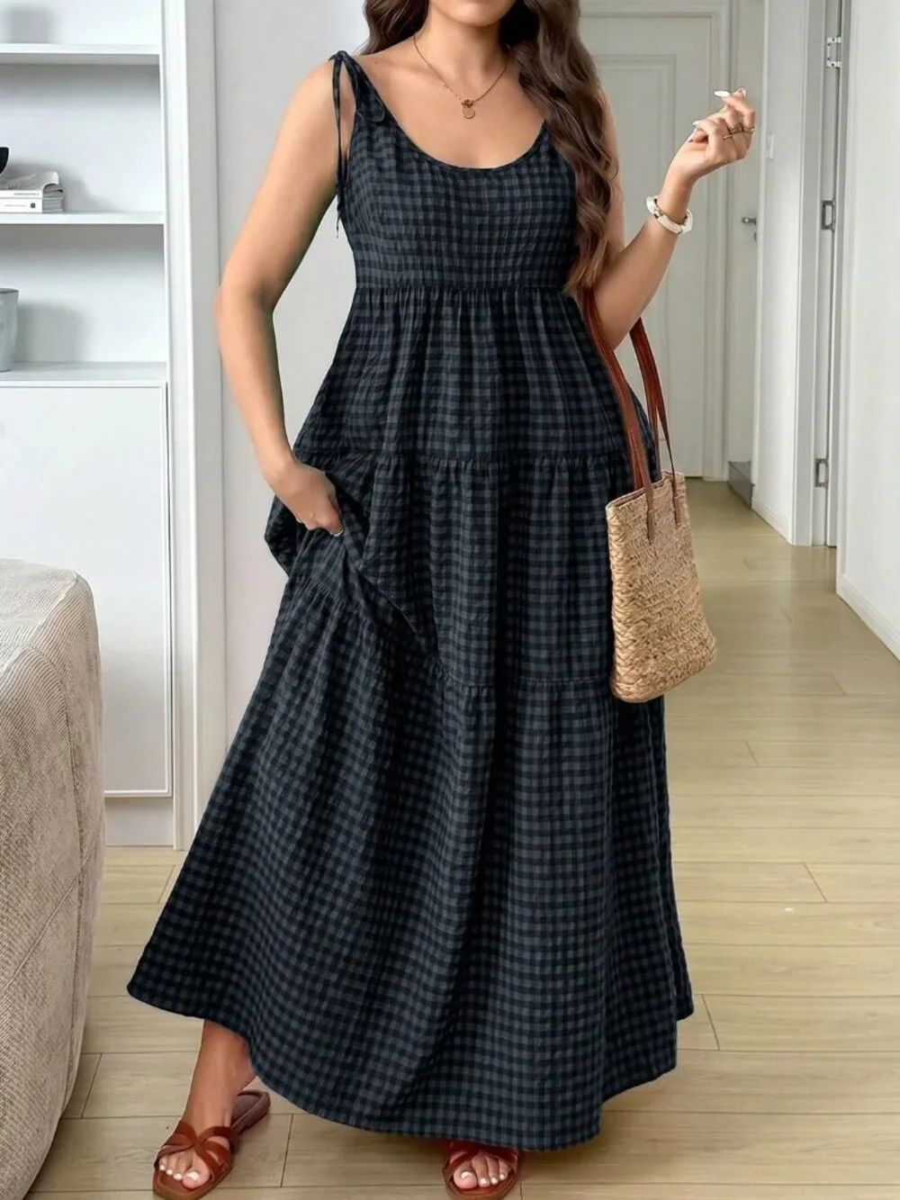 Multicolor Casual Women's Plus Size Plaid Sleeveless Dress